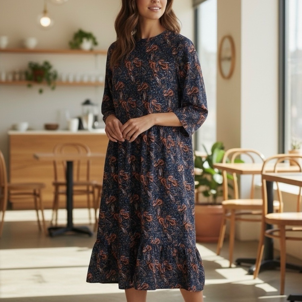 NWT Scoop Paisley Dress Navy Blue Orange Women’s Size S or (4-6) MIDI NEW